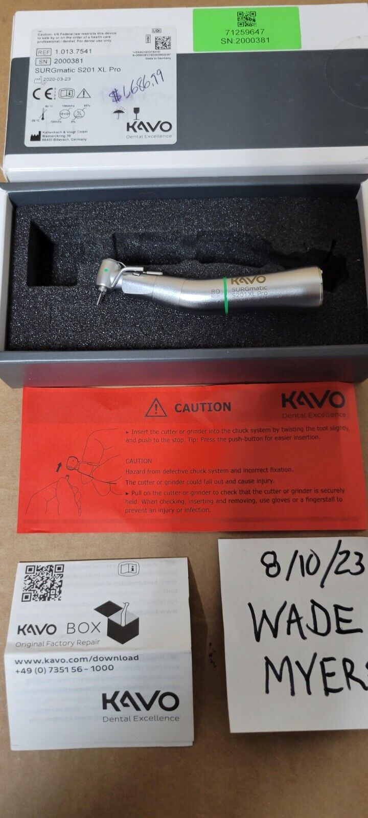 KaVo SURGmatic S201 XL Pro Dental Handpiece - 80ncm 20:1 - 1.013.7541 / 7125647